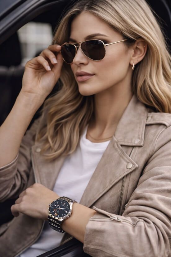 Руса жена с дълга вълниста коса седи на шофьорската седалка на автомобил и леко повдига тъмни авиаторски слънчеви очила с дясната си ръка. Тя носи бяла тениска и светло кафяво кожено яке. На лявата ѝ китка има спортен метален часовник със сребриста верижка и тъмен циферблат. Жената гледа напред със спокоен и уверен поглед, а интериорът на автомобила е леко размазан на заден план, което насочва вниманието към лицето и часовника на китката ѝ.